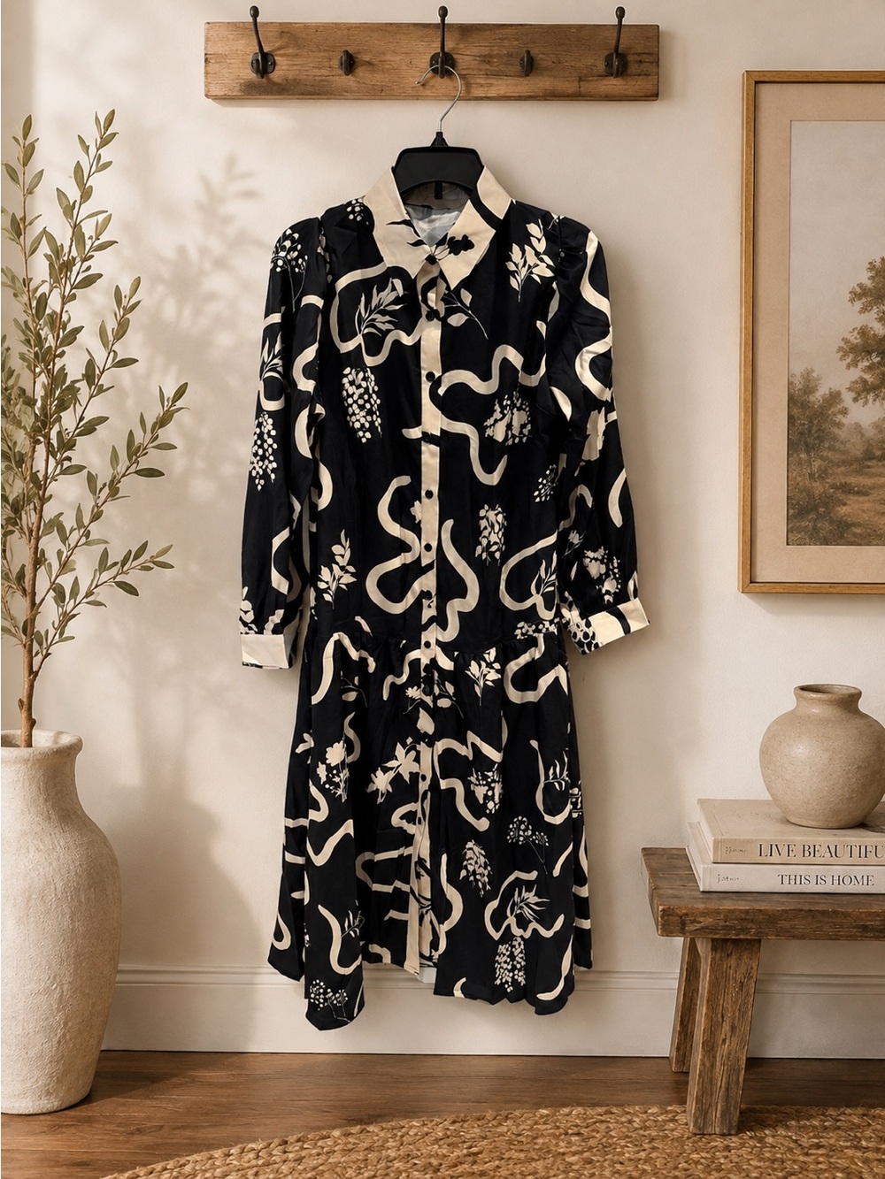 NWT Endless Moon Black & Cream Printed Button-Up Dress Sz L